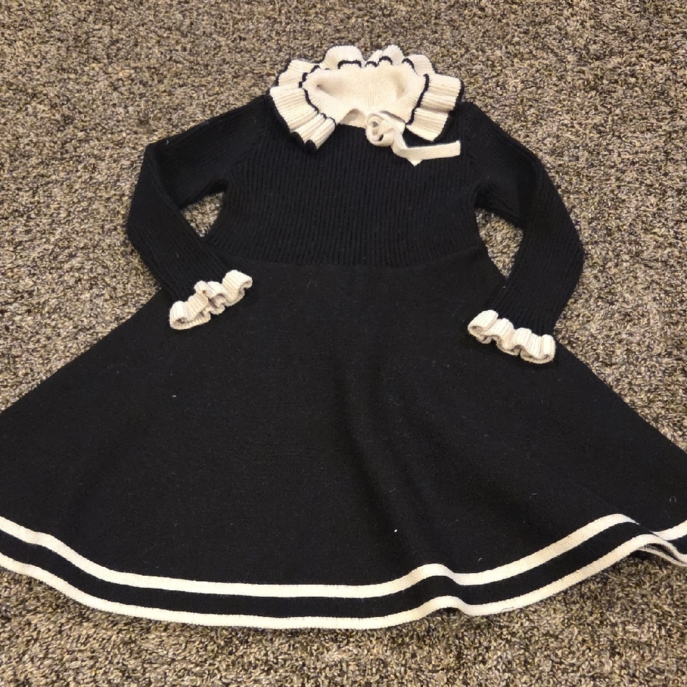 Black and White Knit Dress with Ruffle Trim